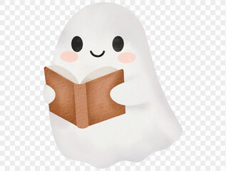 Cute watercolor ghost reading book Halloween illustration Vector.
