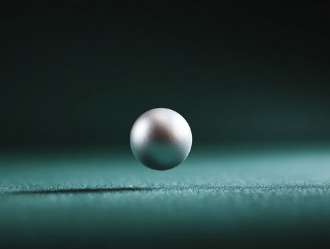 A minimalist, elegant image of a solitary silver sphere resting on a textured green surface. Evokes concepts of balance, simplicity, and precision.