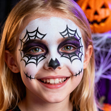 Halloween Face Paint Of A Girl With Spider Web Mask And Pumpkin In Background