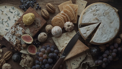 Delicious brie cheese, fresh grapes and nuts on a board