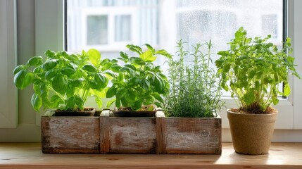 A window sill with three potted plants, including basil, parsley, and rosemary. The plants are arranged in a wooden box and a clay pot. Concept of freshness and natural beauty