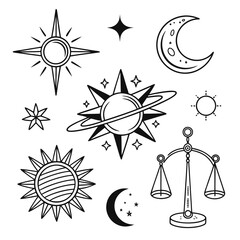 minimal line tattoo icons sun moon and star symbols clipart set.svg