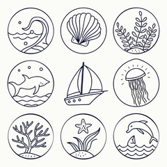 minimal line tattoo icons wave seashell and fish clipart set.svg