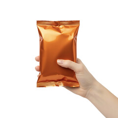 Hand Holding Orange Bag of Chips Isolated on Transparent Background
