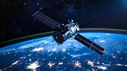 A detailed view of a communication satellite with extended solar panels orbiting Earth, showcasing city lights at night from space. - Powered by Adobe