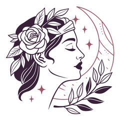 one line boho icons female face with flower eye clipart set.svg