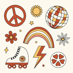 retro icons smiley face peace sign and rainbow clipart set.svg