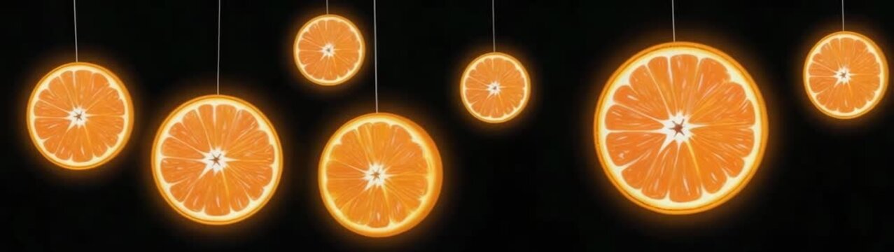 Glowing citrus fruit slices resembling ambient lanterns hanging in a dark space.