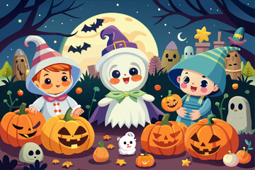vector of Babies dressed as ghosts and pumpkins in a Halloween environment with carved pumpkins, funny clothes, festive and childish atmosphere, humorous images and...