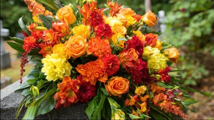 A bouquet of flowers with a variety of colors including yellow, orange, and red. The arrangement is on a stone or concrete surface