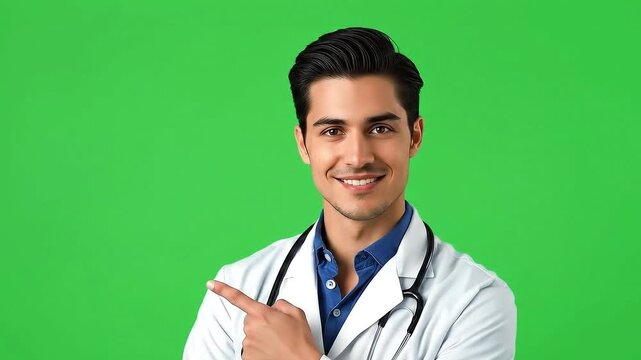 Handsome doctor pointing his hand to the side. Isolated on green screen.

