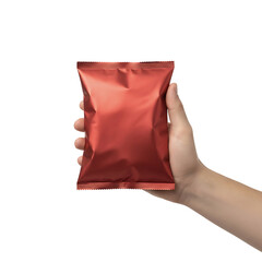 Hand Holding Red Bag of Chips Isolated on Transparent Background