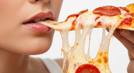 Close-up of a woman’s lips taking a bite of a cheesy slice of pizza, melted cheese stretching, bright white background