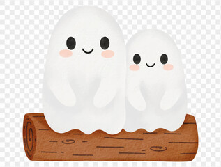 Watercolor two ghosts sitting on log cute Halloween illustration Vector.