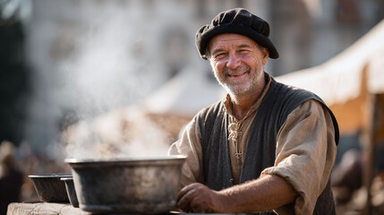 Smiling older man in historical garb, cooking food in steaming pots at an outdoor market. Represents tradition, authenticity, and community. Great for travel, food, history content.
