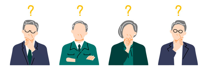 疑問に思う様々な業種のシニア世代の管理職の表情イラスト。フラットデザイン。