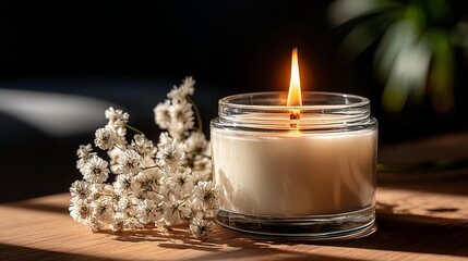 Gentle flame dances in a glass jar beside delicate white flowers