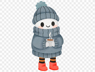 Cute watercolor ghost holding coffee cup wearing winter hat cozy Halloween illustration vector.