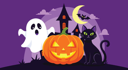Spooky Halloween night featuring friendly ghosts, grinning pumpkins, black cats, and a haunted house under a crescent moon creates a festive atmosphere.