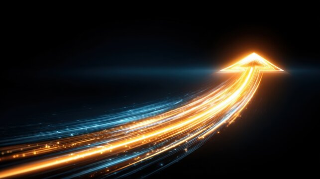 A vibrant arrow made of light moves upwards against a dark background symbolizing progress and positive momentum. The bright colors create a striking visual impact.