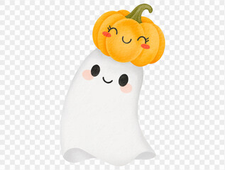 Watercolor ghost with pumpkin on head cute Halloween illustration Vector.
