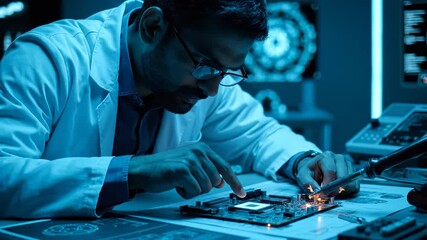 Repair circuit board with soldering iron. Engineer inspects pcb and motherboard layout. Technician tests electronics on illuminated workbench. Lab environment shows focused hands and tool detail now. - Powered by Adobe