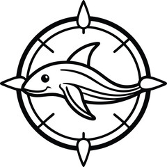 Whale Swimming Around Compass Line Art Illustration