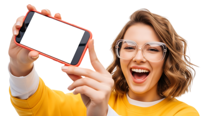 Young woman with glasses taking a selfie with a smartphone isolated on transparent background