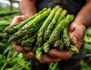 Fresh green asparagus harvested by hands, showcasing vibrant colors and textures, surrounded by lush greenery, emphasizing organic farming and sustainable agriculture practices