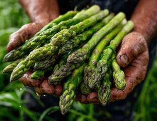 Freshly harvested green asparagus held in hands, showcasing vibrant colors and textures, surrounded by lush greenery, emphasizing organic farming and sustainable agriculture practices