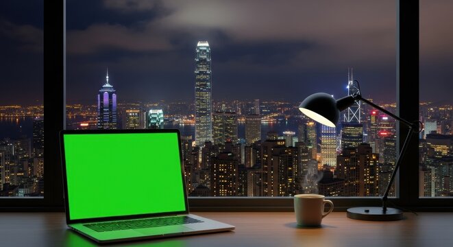 High-Rise Night Office: Laptop Green Screen, Steaming Coffee, Hong Kong Skyline