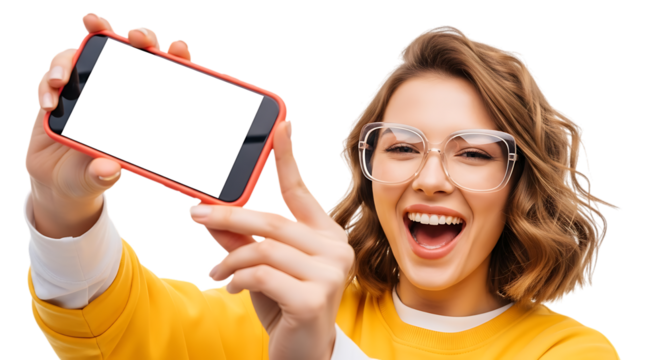 Young woman with glasses taking a selfie with a smartphone isolated on transparent background