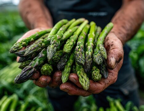 Freshly harvested green asparagus held in hands, showcasing vibrant colors and textures, surrounded by lush agricultural field, emphasizing organic farming and sustainable practices