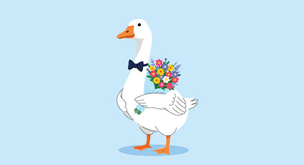 A dapper goose in a suit and bowtie carries a beautiful bouquet of colorful flowers.
