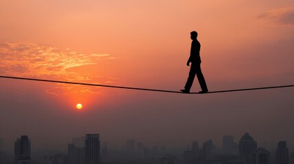 A man is walking on a tightrope in front of a city skyline. The sky is orange and the man is silhouetted against the backdrop of the city. Concept of danger and risk