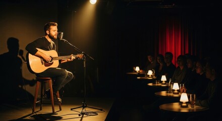 Intimate Acoustic Performance: Musician Sings to Attentive Audience in Dimly Lit Venue