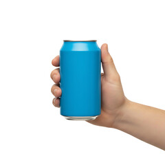 hand holding blue can bottle isolated on transparent background