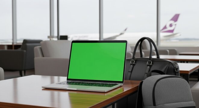 Laptop with Green Screen in Airport Lounge, Business Travel, Airplane Tail Visible