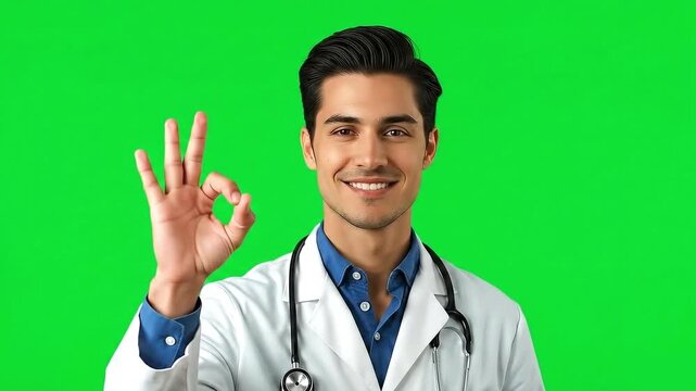 Handsome doctor giving an ok hand sign. Isolated on green screen.
