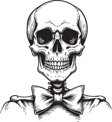 A monochrome illustration of a human skeleton, dressed in a bow tie, is looking at the viewer. This artwork skillfully blends classic imagery with a touch of elegant style.