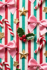 Photorealistic Christmas pattern with vertical teal, green, red stripes on linen-textured off-white background, featuring silk pink bows