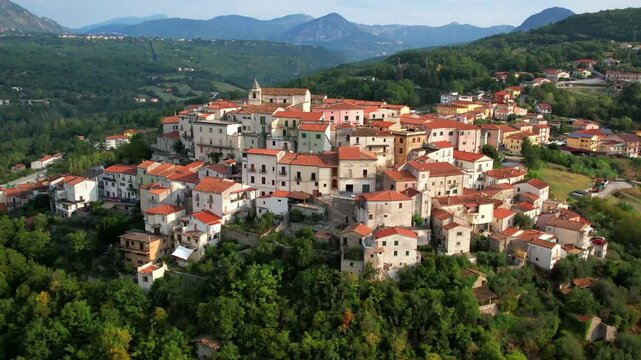  Italy tourism. Most beautiful villages of Molise region  - Colli a Volturno, scenic hilltop borgo. Aerial drone 4k hd footage.

