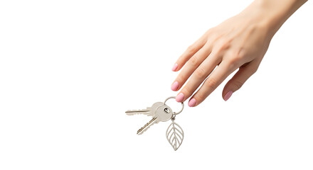 A womans hand holding a set of keys with a leafshaped charm, isolated on transparent background