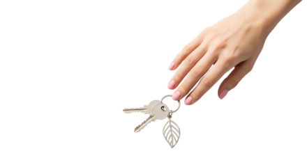 A womans hand holding a set of keys with a leafshaped charm, isolated on transparent background