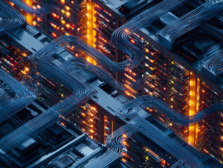 Complex network of cables and servers. Represents data flow, connectivity, and digital infrastructure. Ideal for tech, computing, and networking themes.