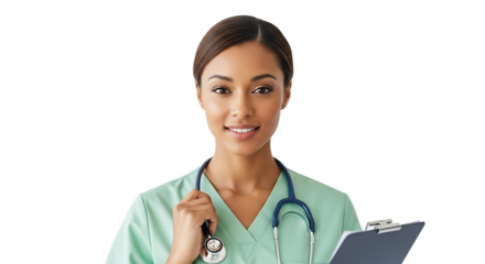 A beautiful, smiling female nurse or doctor wearing scrubs and stethoscope, holding a clipboard, isolated on transparent background