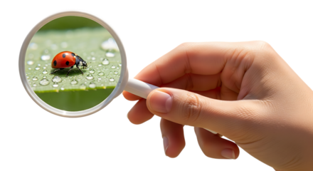 A hand holding a magnifying glass over a ladybug on a green leaf with water droplets, isolated on transparent background