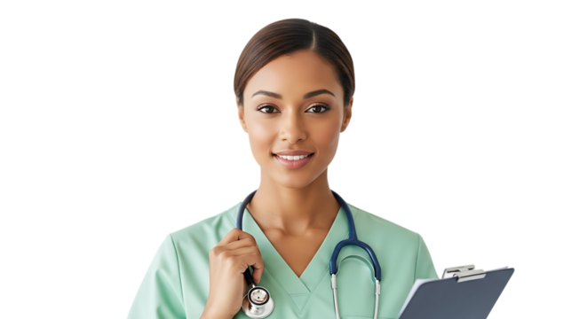 A beautiful, smiling female nurse or doctor wearing scrubs and stethoscope, holding a clipboard, isolated on transparent background