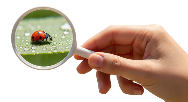 A hand holding a magnifying glass over a ladybug on a green leaf with water droplets, isolated on transparent background