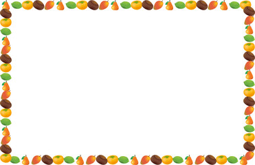 A vibrant rectangular border frame composed of various colorful fruits and vegetables on a white background, suitable for design elements.